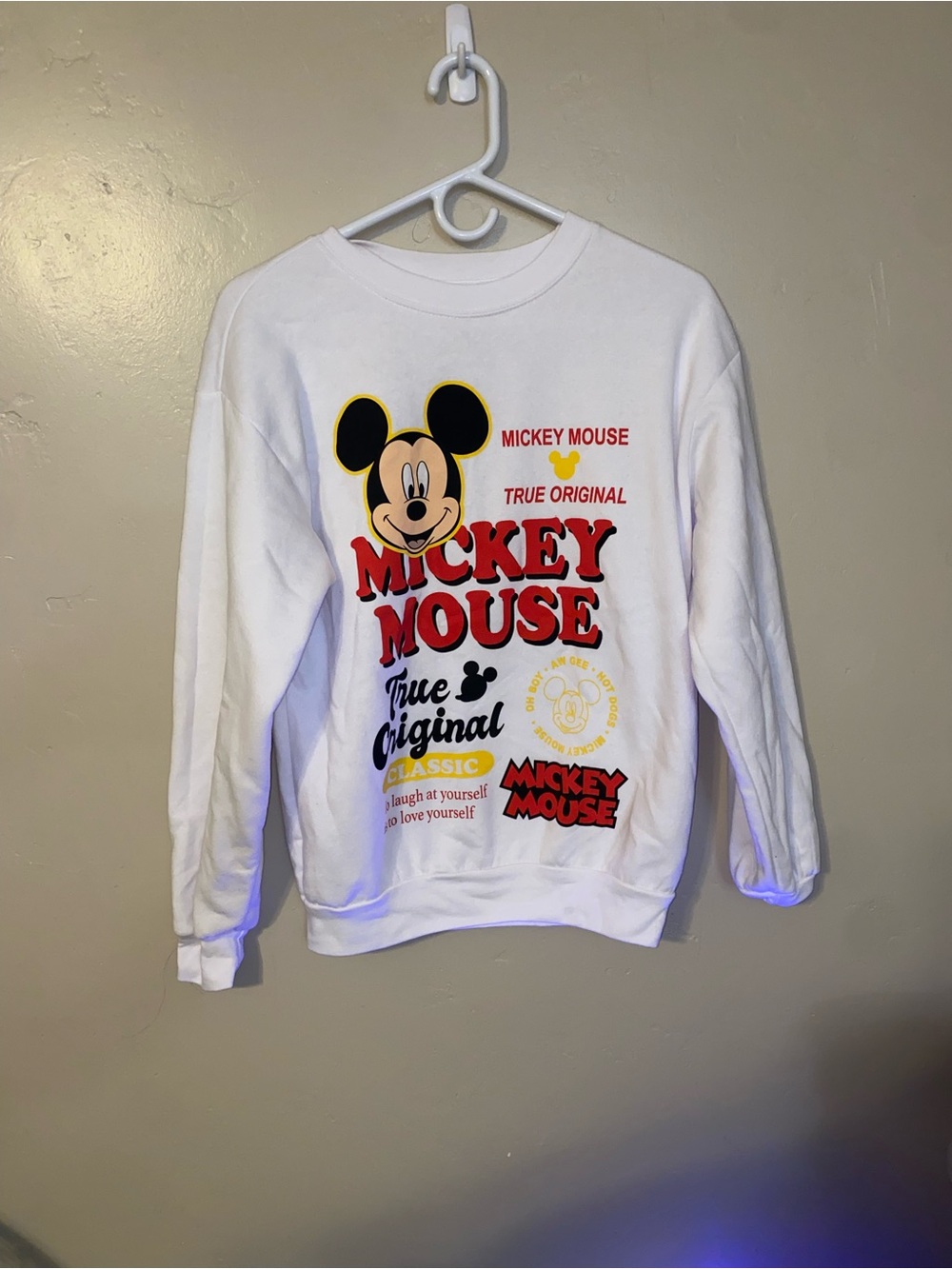 Disney White Sweatshirt with Mickey Face and Red Lettering